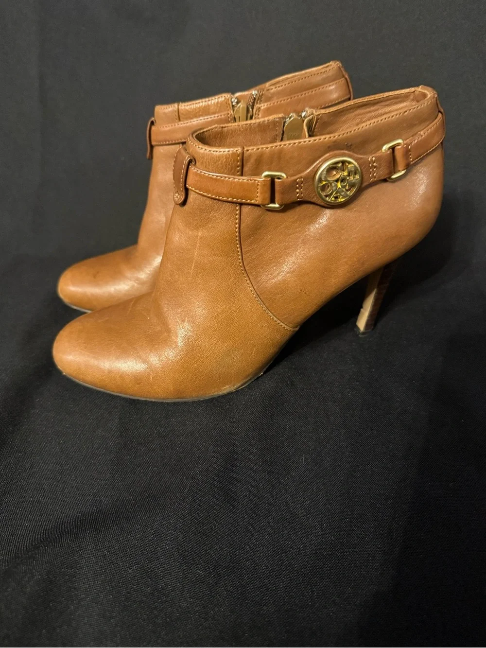 Coach Women's Tan Leather Ankle Boots with Gold Accent